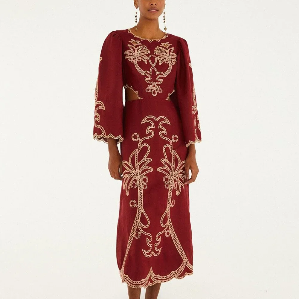 FARM Rio Red Artisanal Cut-out Embroidered Euroflax™ Premium Linen Maxi Dress - Picture 3 of 7